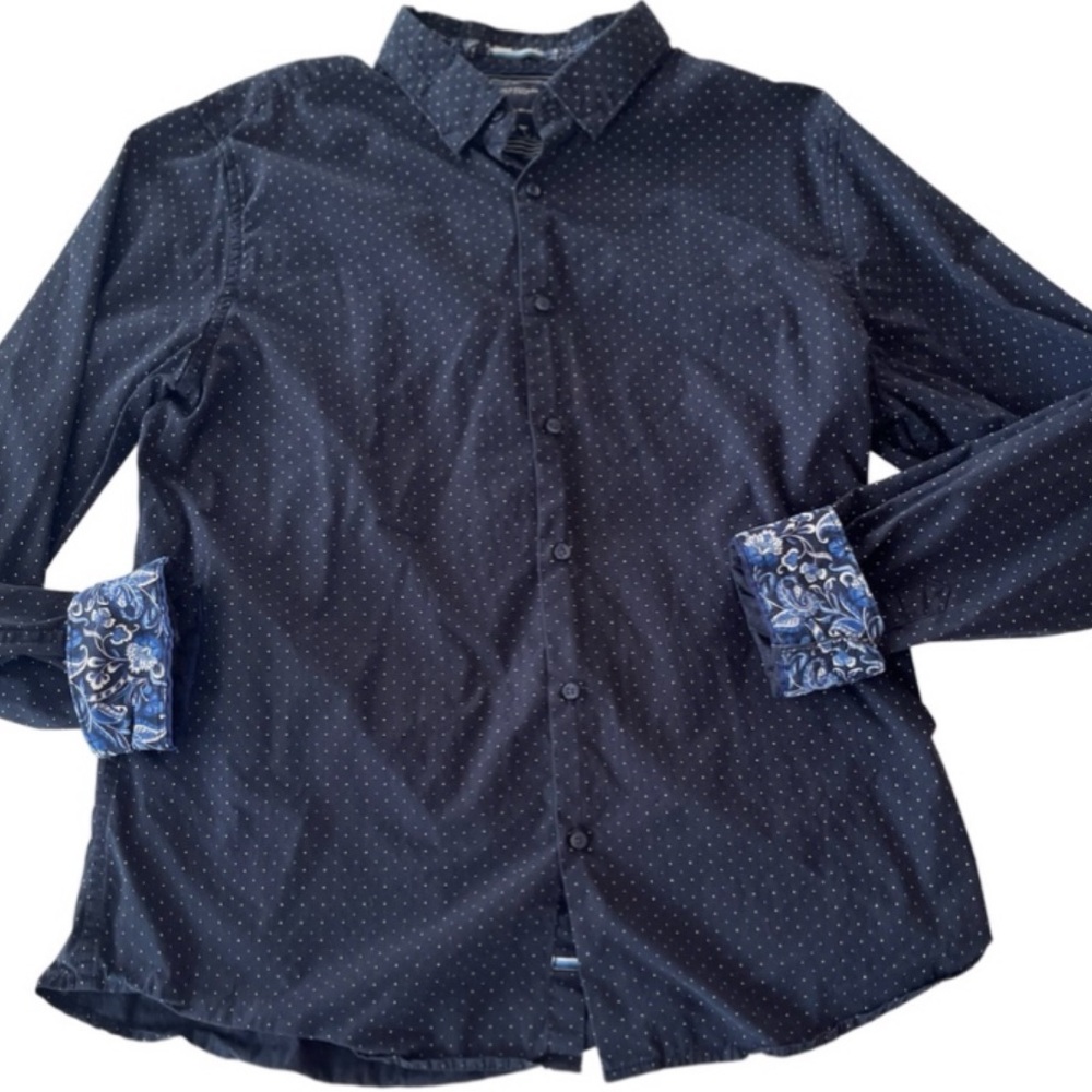 Denim & Flower Ricky Singh Men’s Button Shirt Navy Blue Polka Dots Flip Cuff XL
